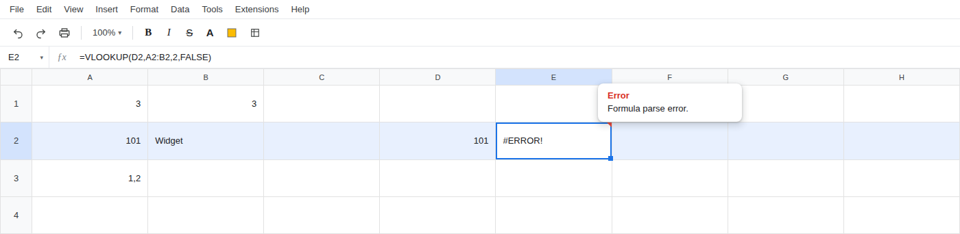 E2 selected. Formula bar shows =VLOOKUP(D2,A2:B2,2,FALSE). E2 is #ERROR! with tooltip Formula parse error.