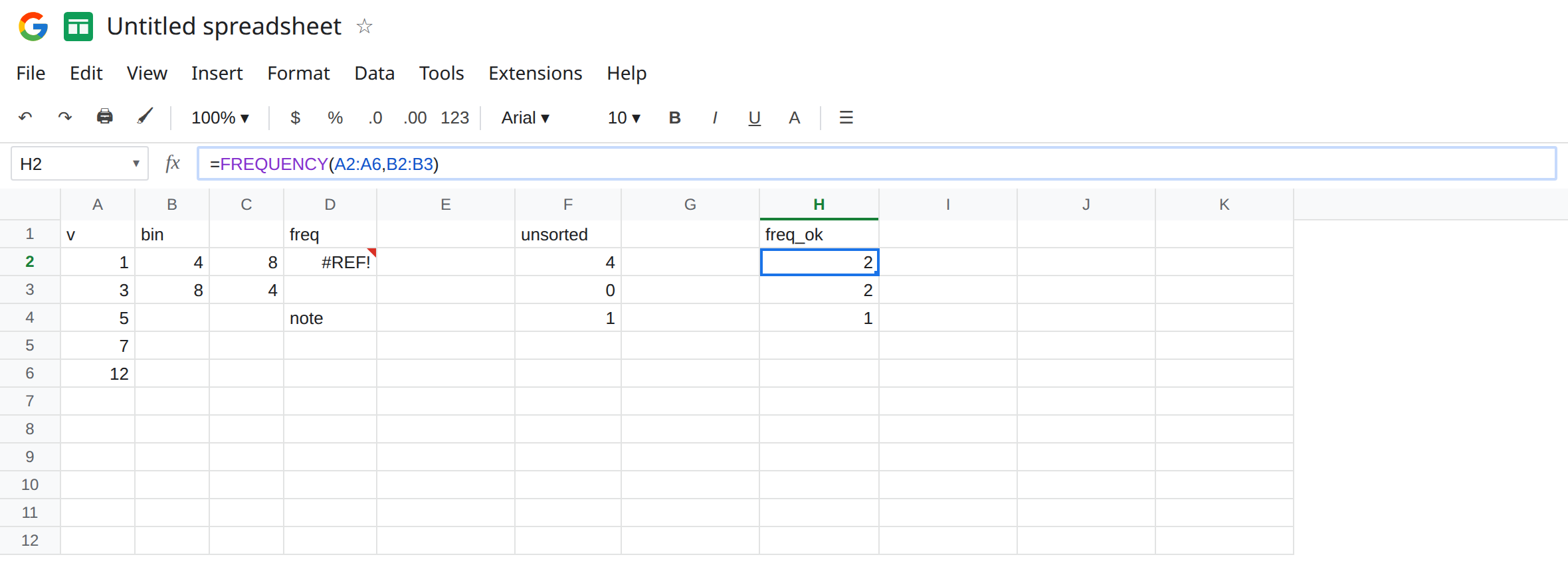 H2 selected. Formula bar shows =FREQUENCY(A2:A6,B2:B3). H2 is 2, H3 is 2, H4 is 1, no error triangle. D2 is still #REF! because D4 says note. Bins 4 and 8 are ascending.