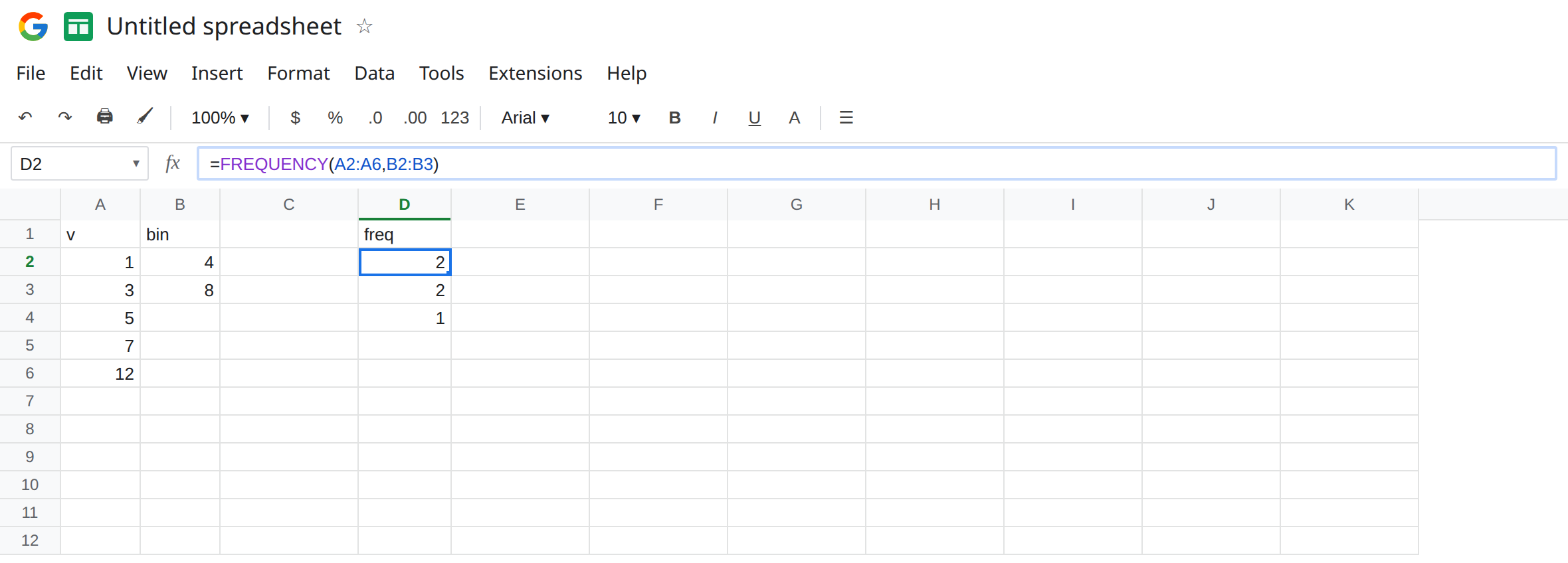 D2 selected. Formula bar shows =FREQUENCY(A2:A6,B2:B3). D2 is 2, D3 is 2, D4 is 1. Bins in B2:B3 are 4 and 8. Data is 1, 3, 5, 7, 12. No error triangle.