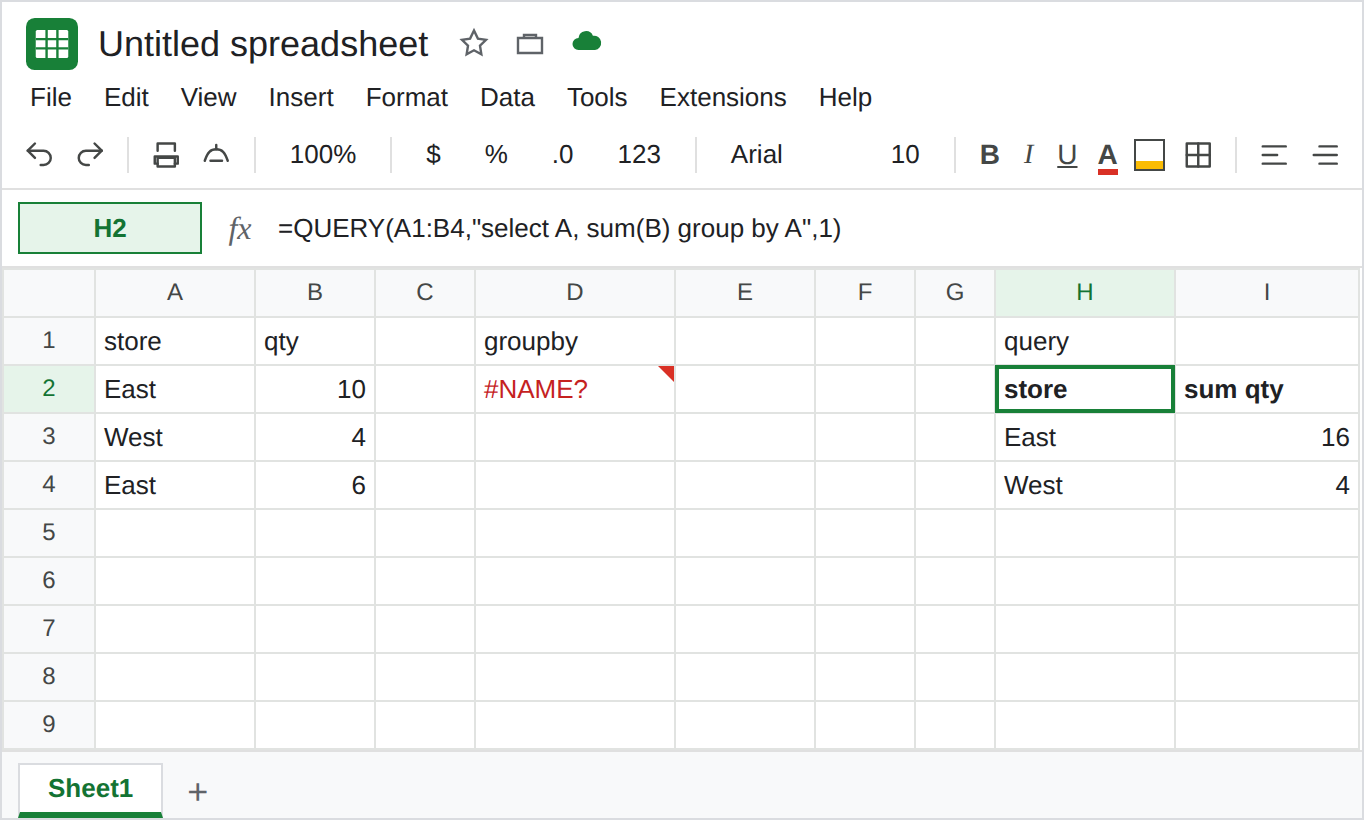 H2 selected. Formula bar shows a QUERY that groups qty by store. The spill is East 16 and West 4. D2 is still #NAME? from GROUPBY.