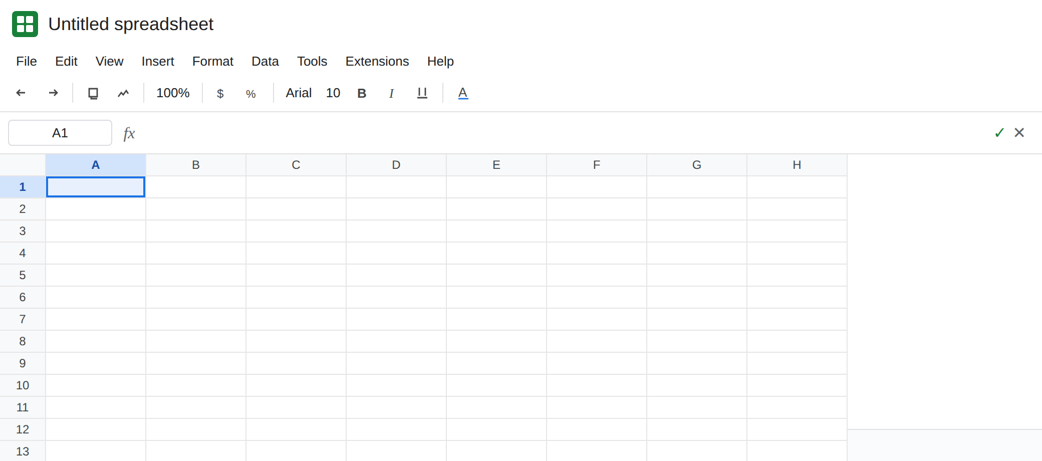 A blank Google Sheet in English on desktop. The toolbar has no Ask Gemini sparkle and no Help me organize prompt. No generated table is on the grid. The formula bar is empty.