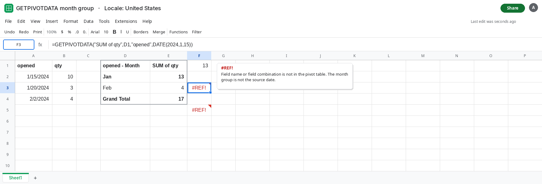 F3 selected. Formula bar shows GETPIVOTDATA with opened and DATE(2024,1,15). F3 is #REF!. The pivot rows show month labels such as Jan and Feb. F1 is 13 for the January group.