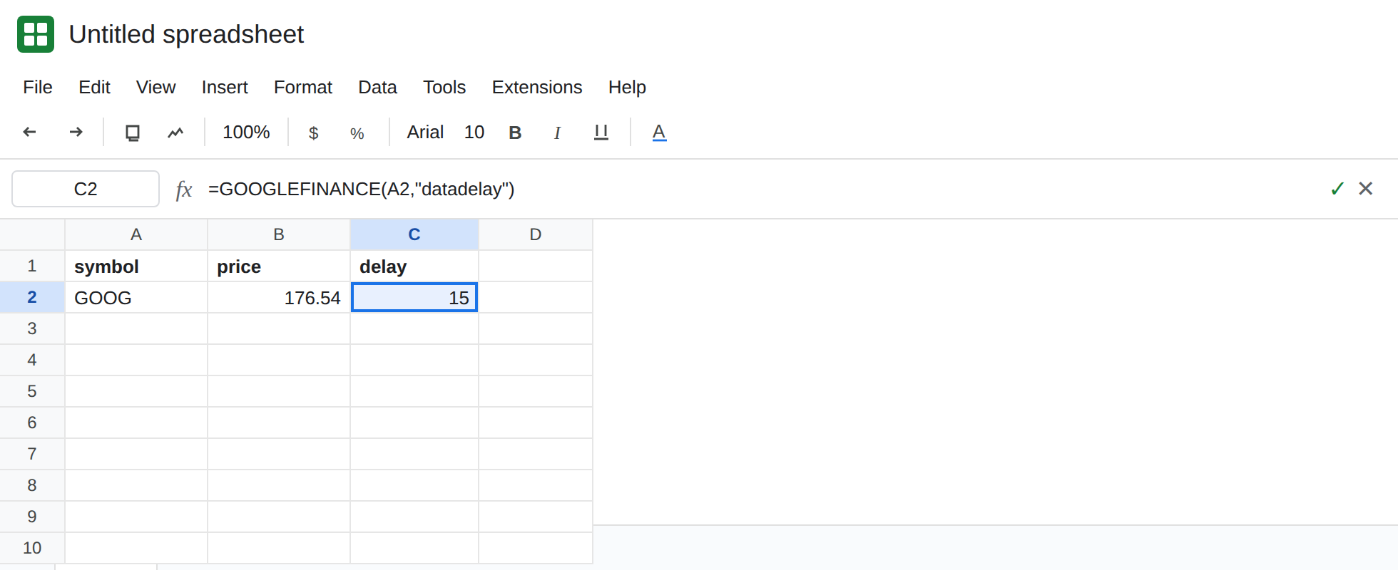 C2 selected. Formula bar shows =GOOGLEFINANCE(A2,"datadelay"). A2 is GOOG. C2 is a number of minutes. B2 is a price from GOOGLEFINANCE price. Neither cell is #N/A. The price digits are not the lesson.