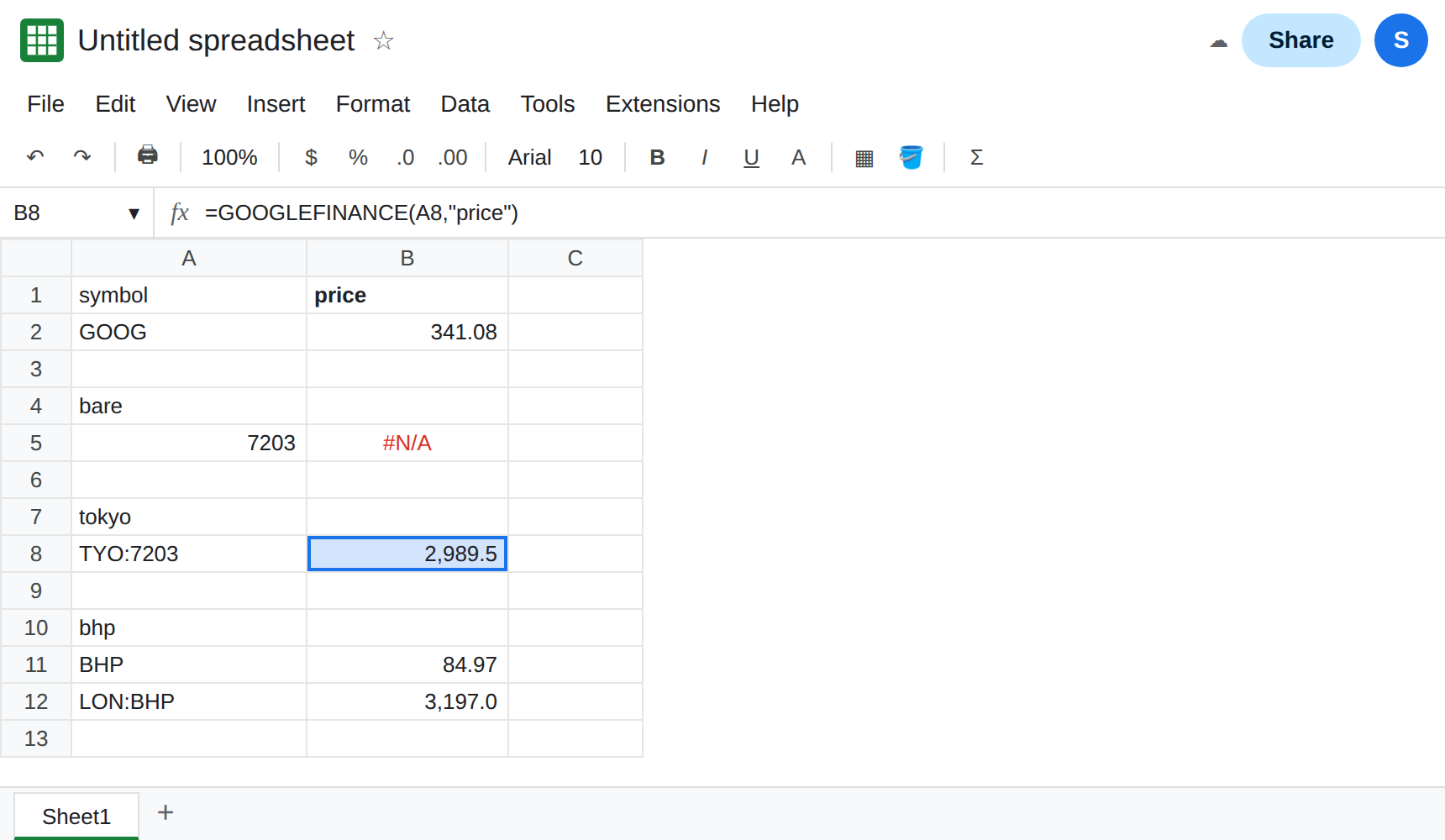 B8 selected. A8 is TYO:7203. B8 shows a price from GOOGLEFINANCE. B5 is still #N/A for 7203. No price is copied into a second cell.