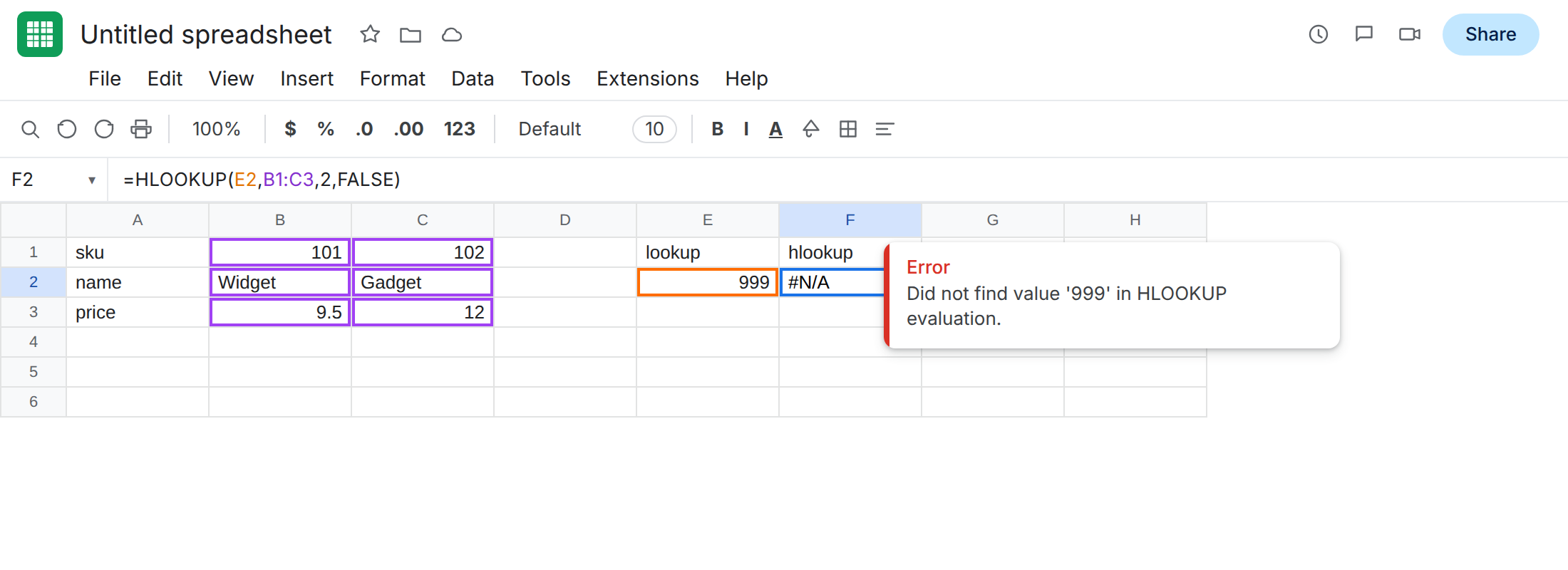 F2 selected. Formula bar shows =HLOOKUP(E2,B1:C3,2,FALSE). F2 is #N/A. Tooltip: Did not find value '999' in HLOOKUP evaluation. E2 is 999. B1 is 101. C1 is 102.