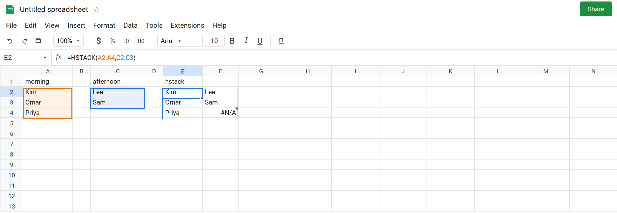 E2 selected. Formula bar shows =HSTACK(A2:A4,C2:C3). E2:E4 is Kim, Omar, Priya. F2 is Lee. F3 is Sam. F4 is #N/A. C4 is blank and was not in the range.