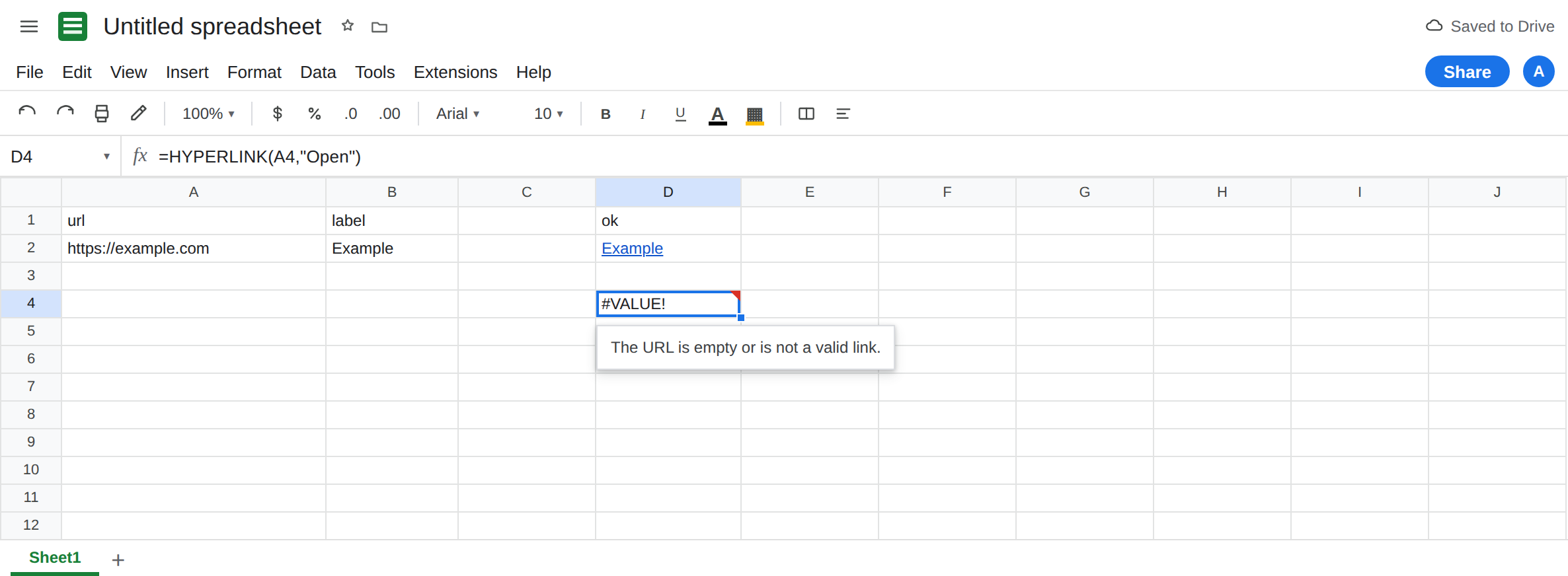 D4 selected. Formula bar shows =HYPERLINK(A4,"Open"). D4 is #VALUE!. A4 is blank. D2 shows the label Example as a link to https://example.com.