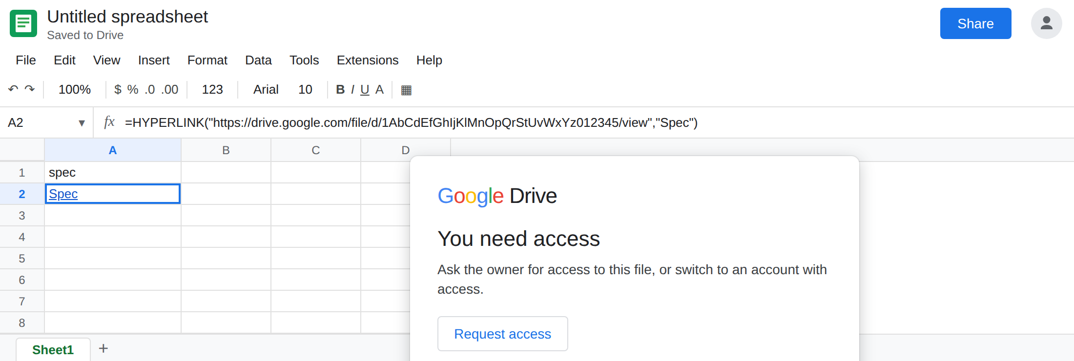 Signed in as a Viewer of the spreadsheet. The Drive page says You need access. The sheet cell still shows the label Spec.
