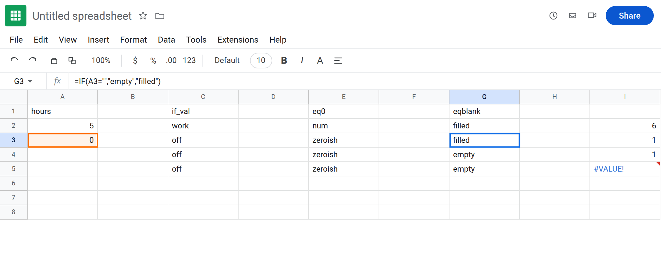 G3 selected. Formula bar shows =IF(A3="","empty","filled"). G3 is filled with no error triangle. A3 is 0. G4 is empty. E3 and E4 are both zeroish from =0.
