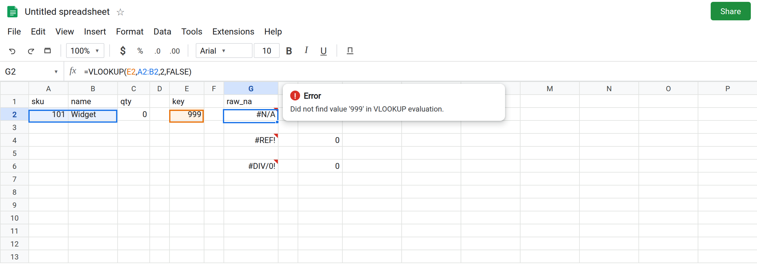 G2 selected. Formula bar shows =VLOOKUP(E2,A2:B2,2,FALSE). G2 is #N/A. Tooltip names 999. I2 is still 0 because IFERROR is still wrapped around a copy of the same lookup.