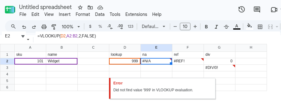 E2 selected. Formula bar shows =VLOOKUP(D2,A2:B2,2,FALSE). E2 is #N/A. Tooltip: Did not find value '999' in VLOOKUP evaluation. F2 is #REF!. G3 is #DIV/0!.