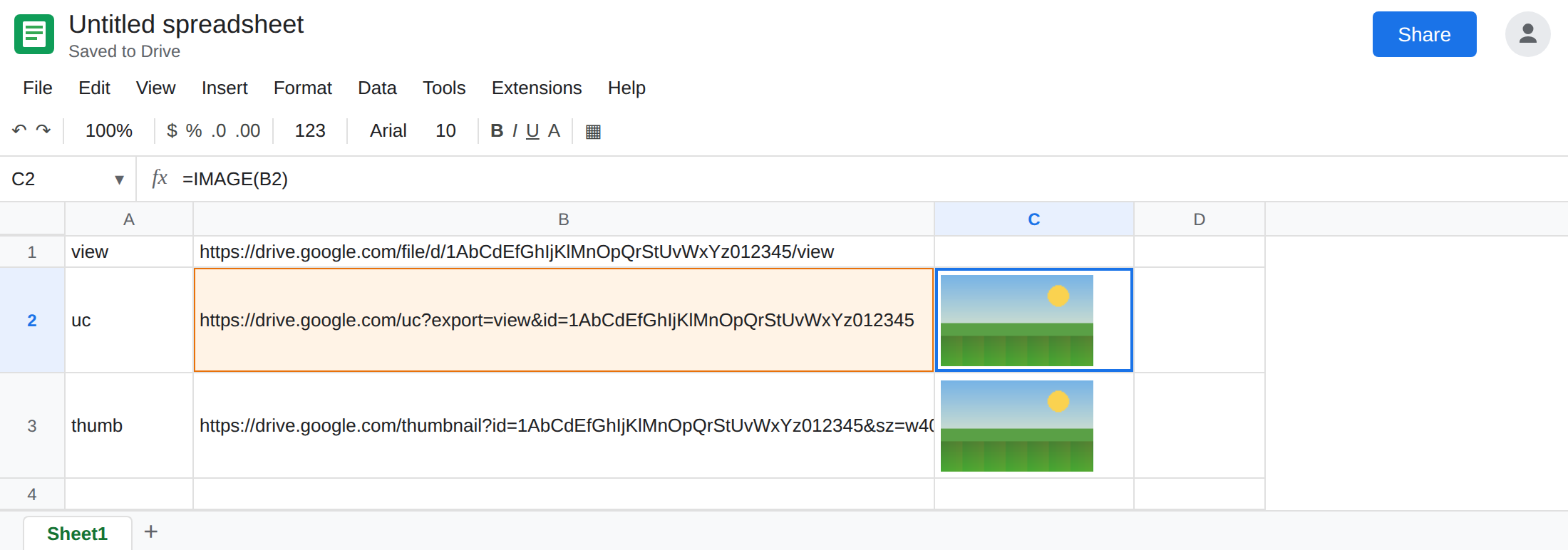 C2 selected. Formula bar shows =IMAGE(B2). C2 shows the PNG. B2 is the uc?export=view URL. C1 is still blank from the /view link.