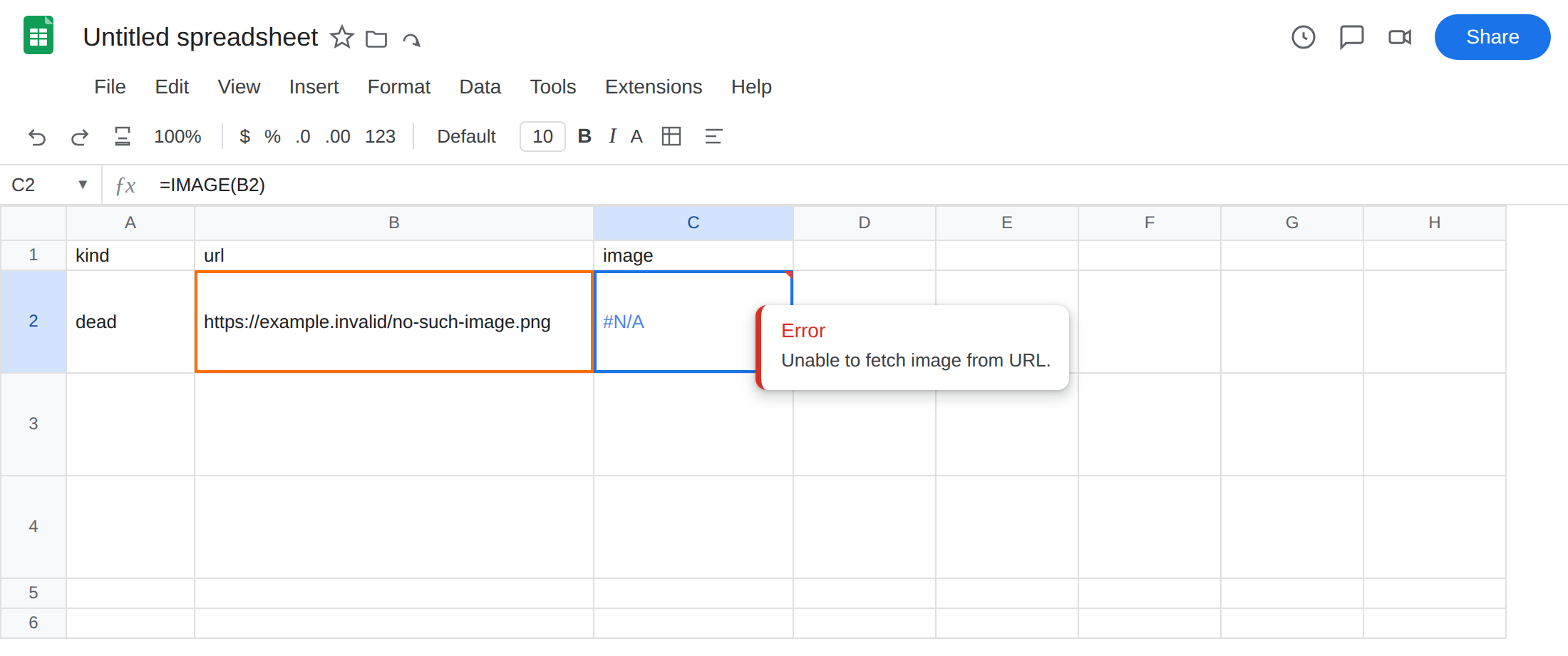 C2 selected. Formula bar shows =IMAGE(B2). C2 is #N/A. Tooltip: Unable to fetch image from URL. B2 is https://example.invalid/no-such-image.png.