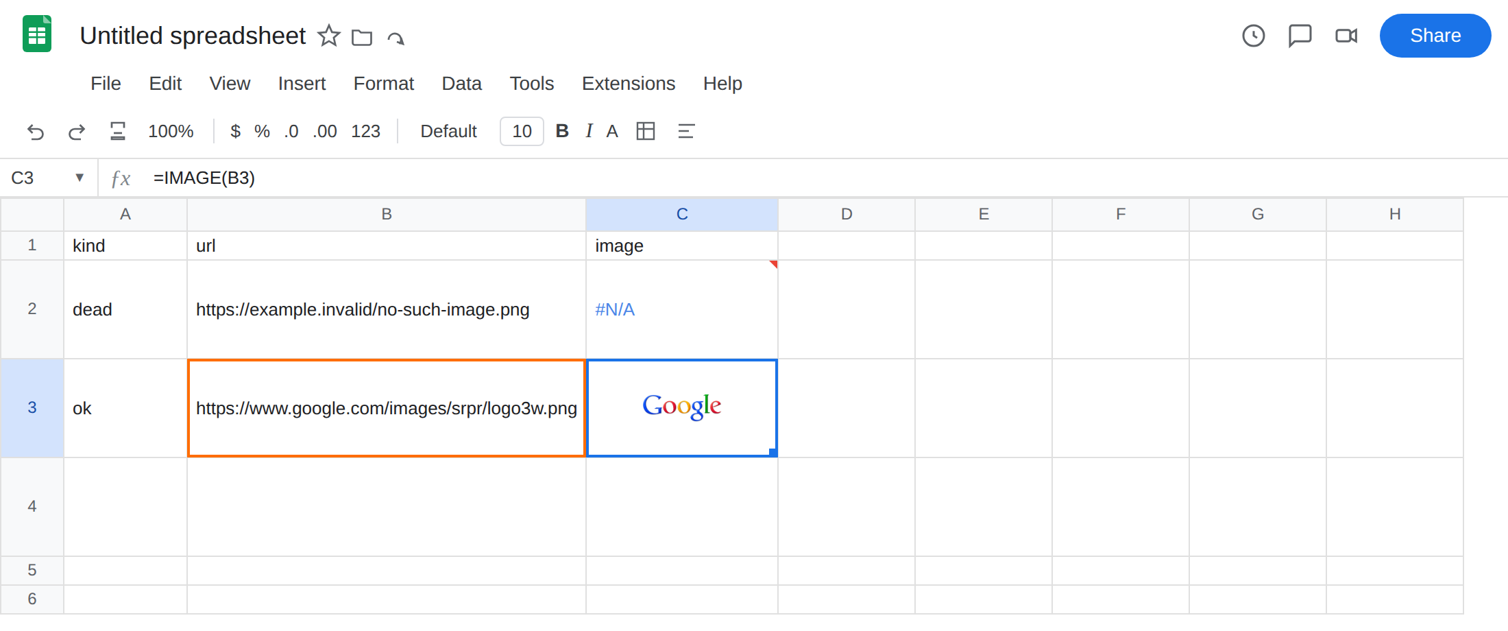 C3 selected. Formula bar shows =IMAGE(B3). C3 shows the sample Google PNG. B3 is https://www.google.com/images/srpr/logo3w.png. C2 is still #N/A.
