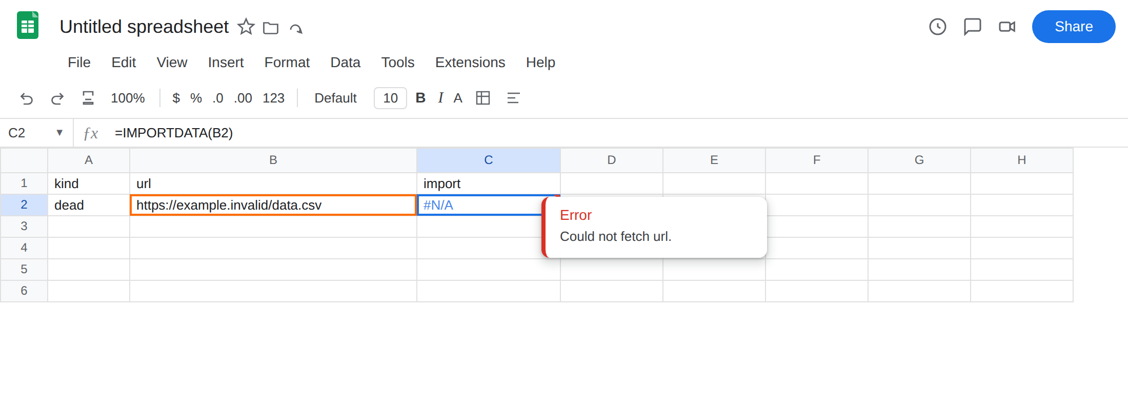 C2 selected. Formula bar shows =IMPORTDATA(B2). C2 is #N/A. Tooltip: Could not fetch url. B2 is https://example.invalid/data.csv.