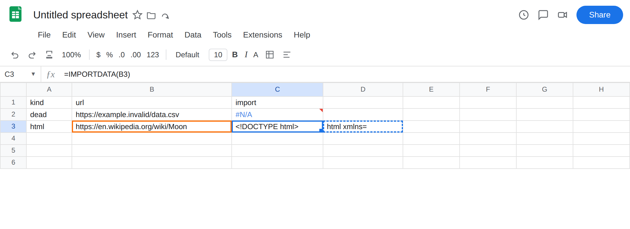 C3 selected. Formula bar shows =IMPORTDATA(B3). C3 is a messy HTML split (<!DOCTYPE html>). C2 is still #N/A from the fetch miss. B3 is https://en.wikipedia.org/wiki/Moon.
