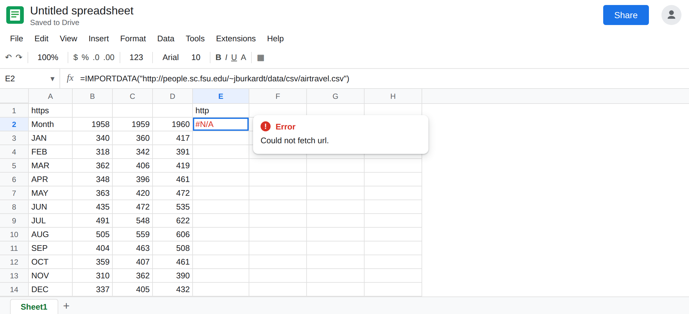 E2 selected. Formula bar shows IMPORTDATA of the http airtravel.csv URL. E2 is #N/A. Tooltip: Could not fetch url. A2 still spills the https import.