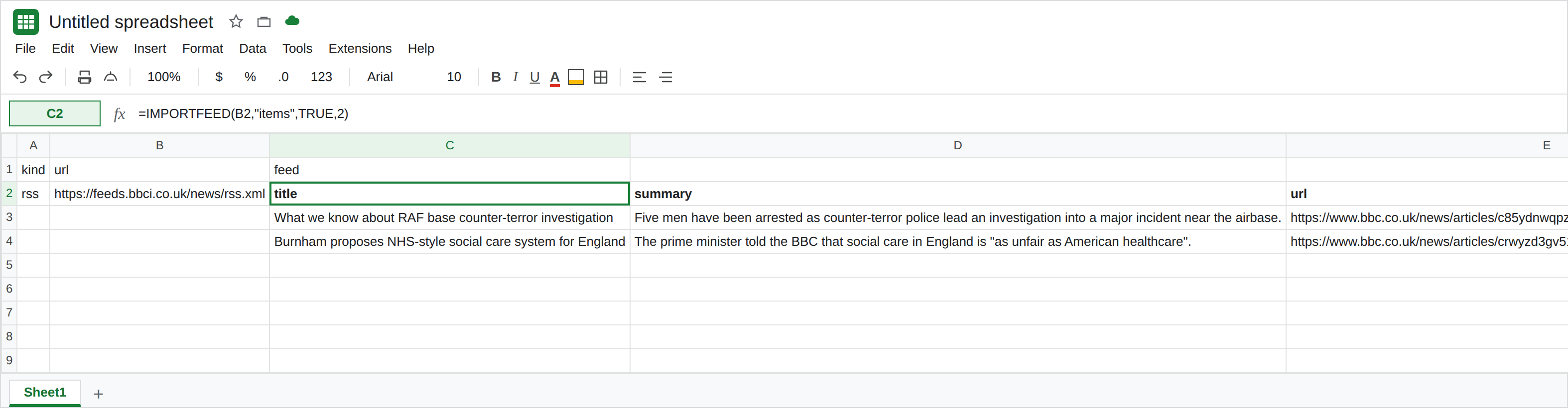 C2 selected. Formula bar shows =IMPORTFEED(B2,"items",TRUE,2). B2 is an RSS URL. The spill headers include title, summary, url, and created, and the url cells are not blank.
