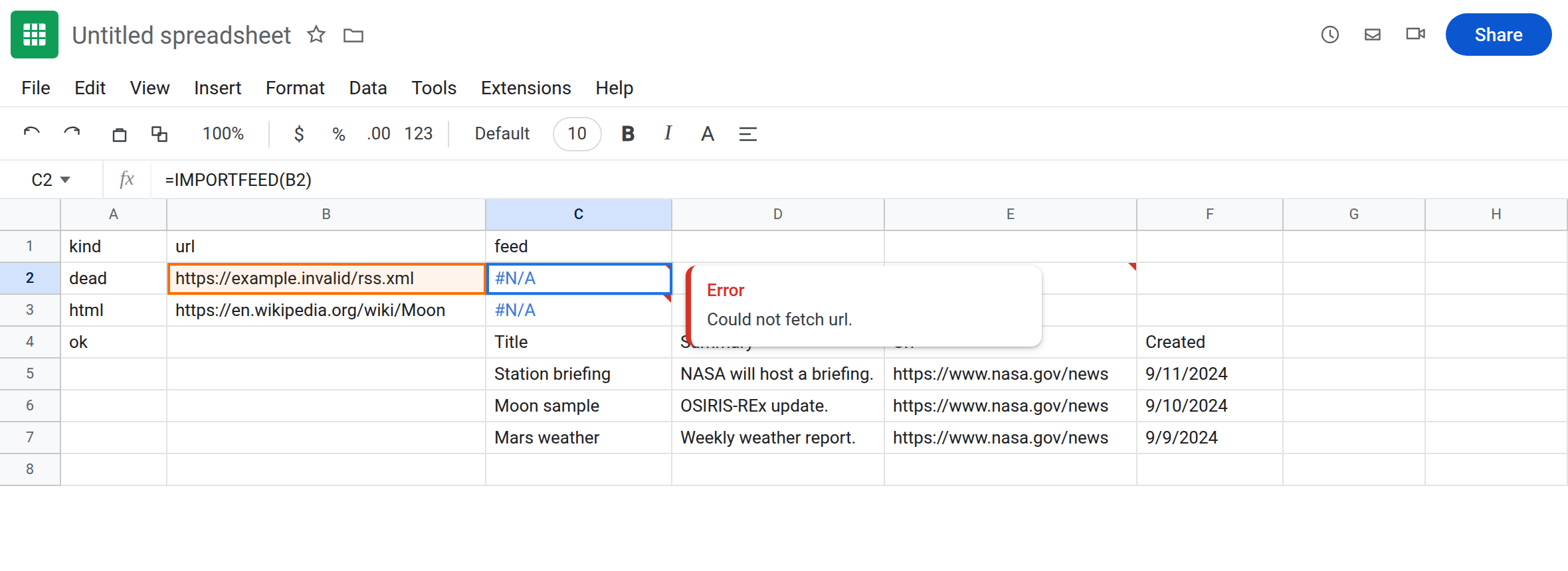 C2 selected. Formula bar shows =IMPORTFEED(B2). C2 is #N/A. Tooltip: Could not fetch url. B2 is https://example.invalid/rss.xml.