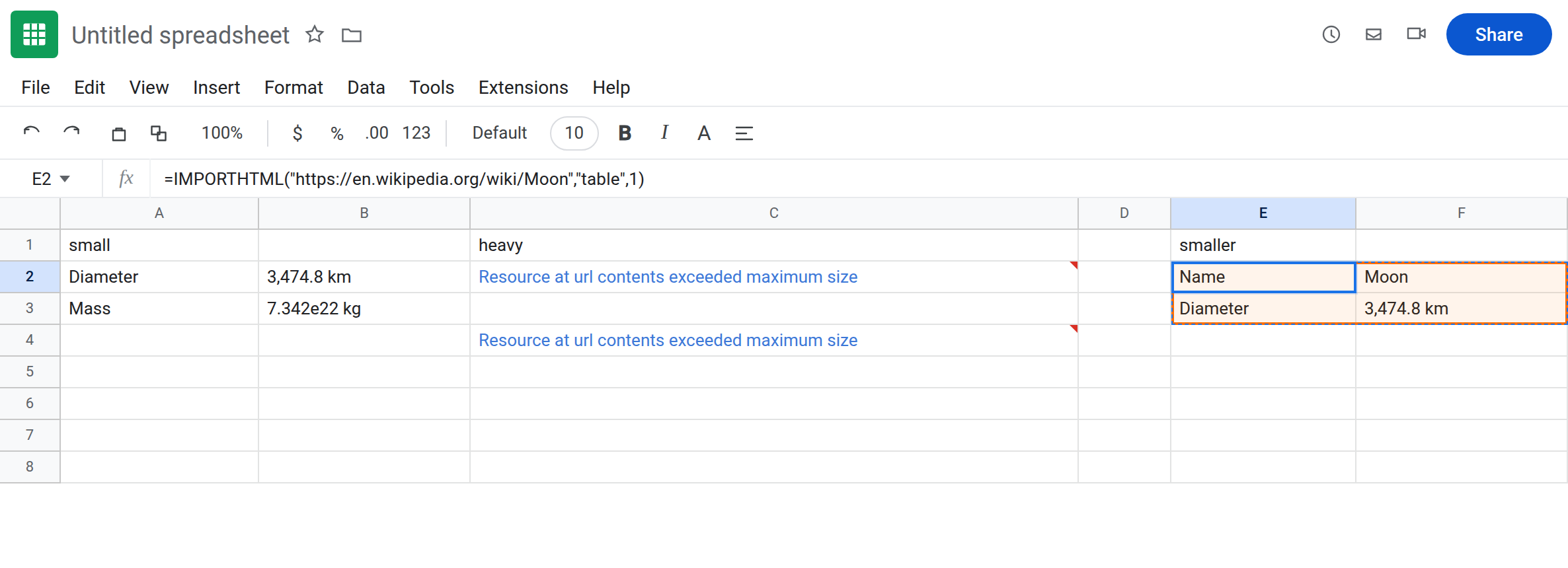 E2 selected. Formula bar shows IMPORTHTML of a smaller URL, table 1. E2 spills a table with no error triangle. C2 still shows Resource at url contents exceeded maximum size.