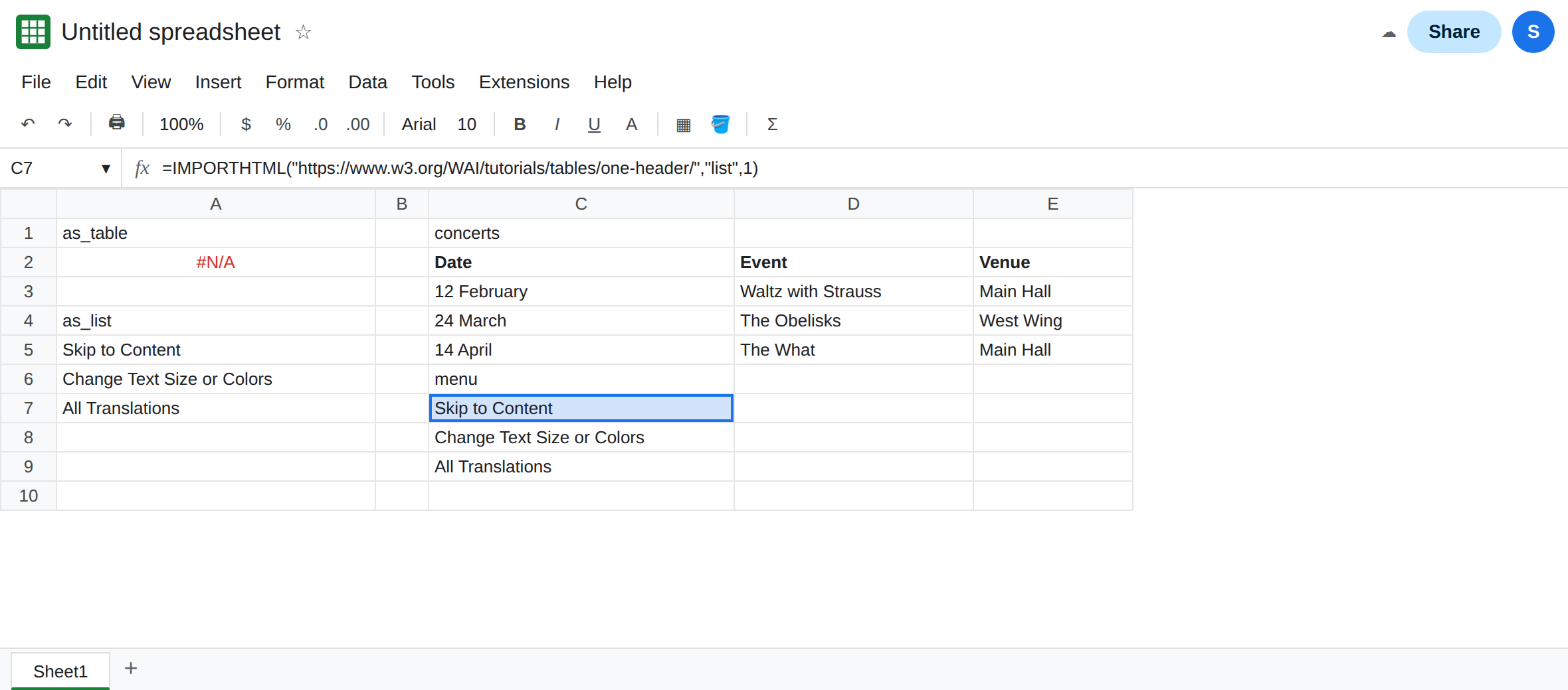 C7 selected. Formula bar shows IMPORTHTML of the one-header tables URL with query list and index 1. C7 spills a navigation list. C2 spills Date, Event, Venue. A2 is still #N/A.