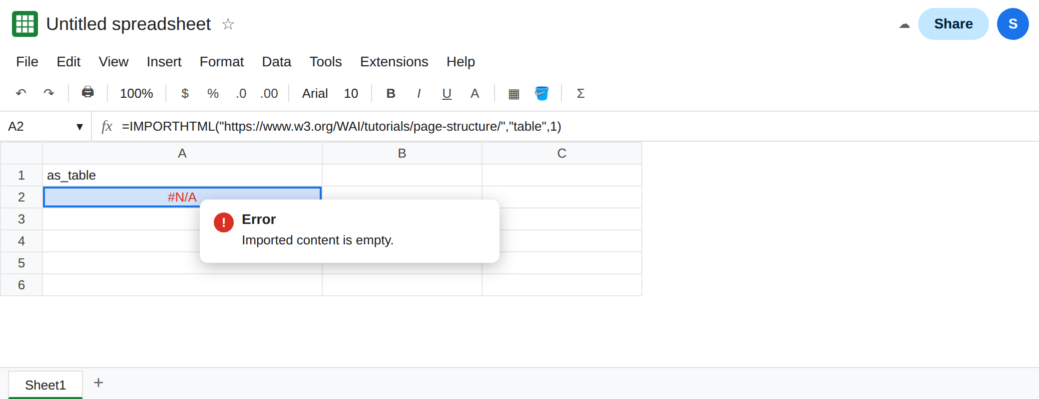 A2 selected. Formula bar shows IMPORTHTML of the W3C page-structure URL with query table and index 1. A2 is #N/A. Tooltip: Imported content is empty.