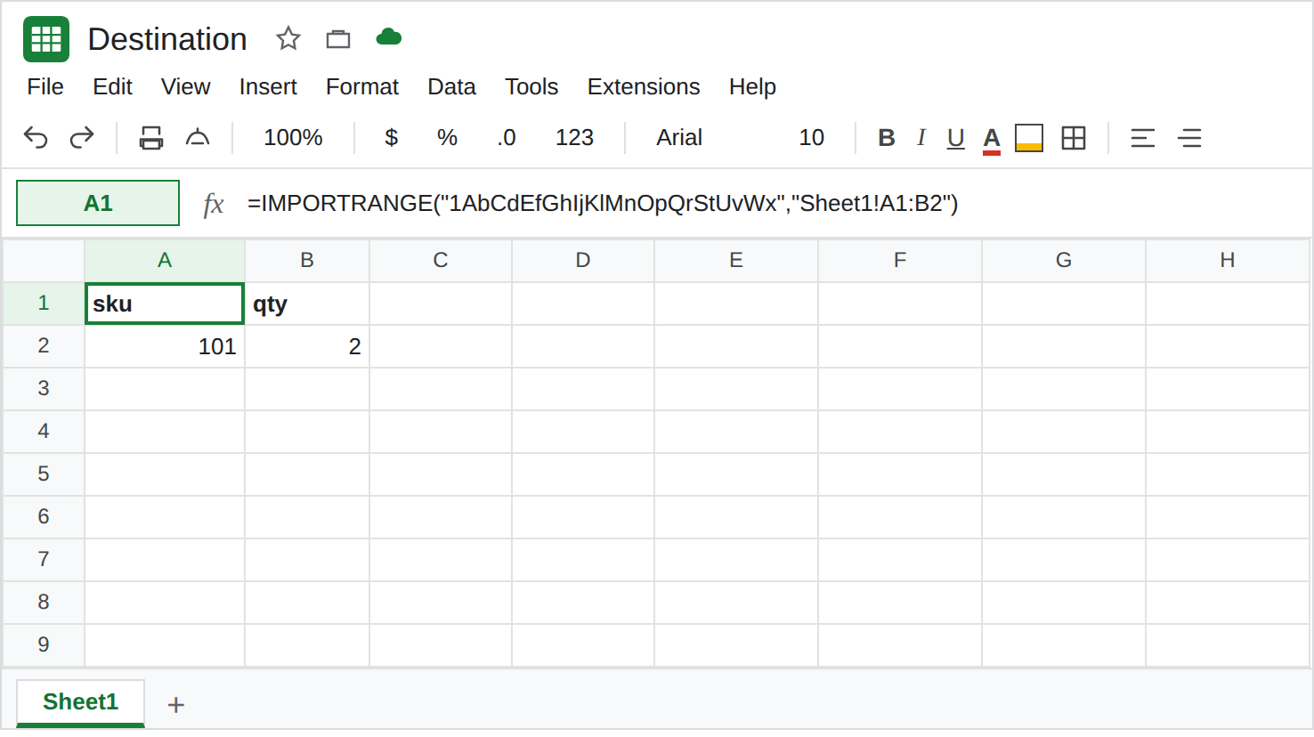 A1 selected. Formula bar shows IMPORTRANGE of Sheet1!A1:B2. The spill is sku, qty, 101, 2. Not #REF!, not Result too large.