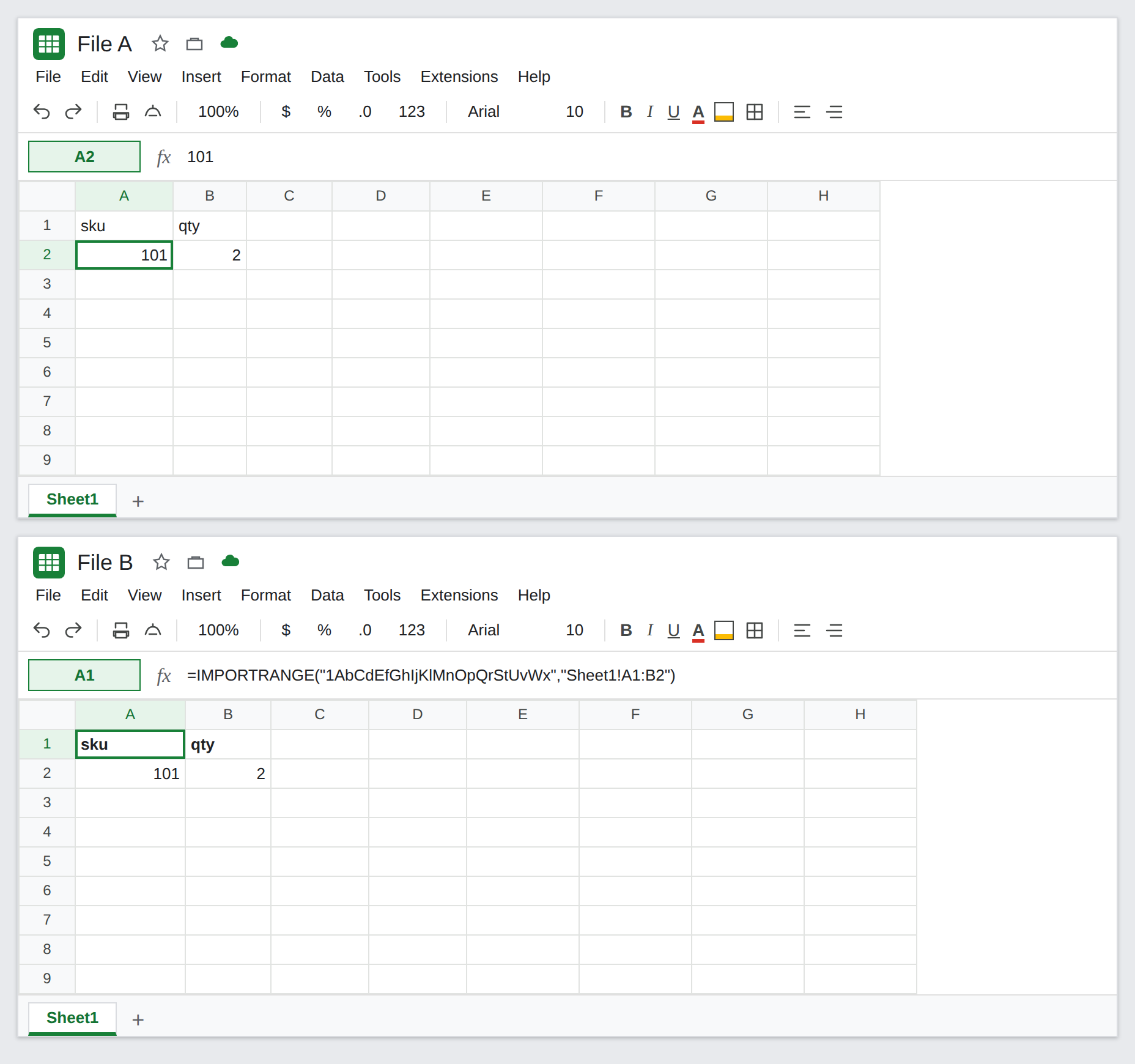 File A no longer imports file B. File B A1 still imports Sheet1!A1:B2 from file A and shows 101 and 2. The Loading… cell is gone.
