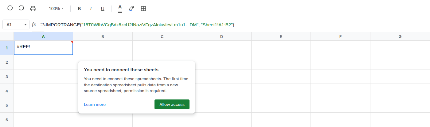 A1 selected. Formula bar shows =IMPORTRANGE(“SOURCE_ID”,“Sheet1!A1:B2”). A1 is #REF! with the Allow access dialog.