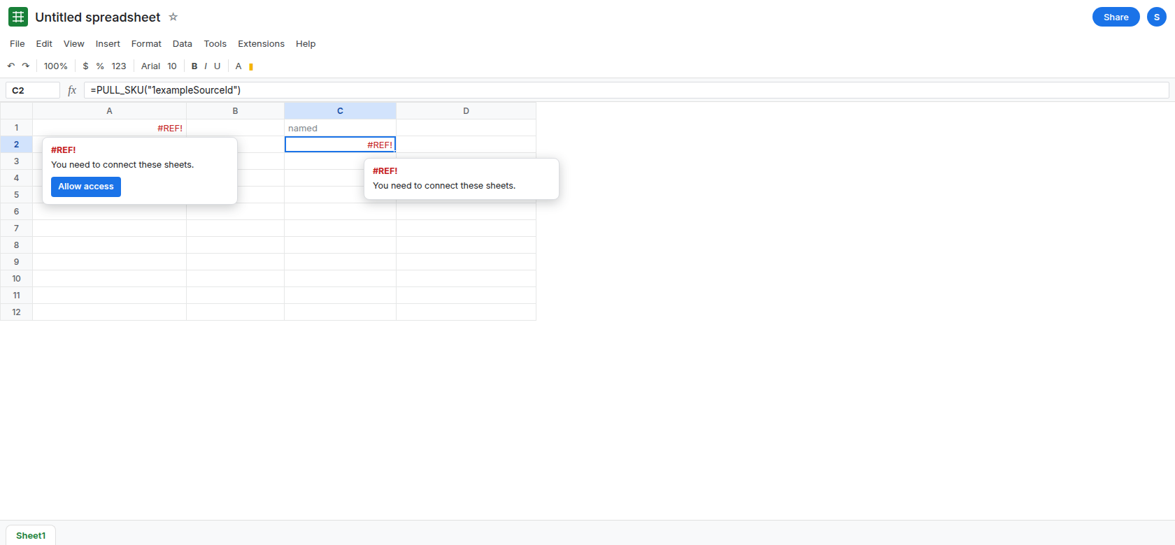 C2 selected. Formula bar shows =PULL_SKU with a spreadsheet id. C2 is #REF!. There is no Allow access button on C2. A1 is a direct IMPORTRANGE that still shows the connect prompt, or already spilled after a click on A1 only.