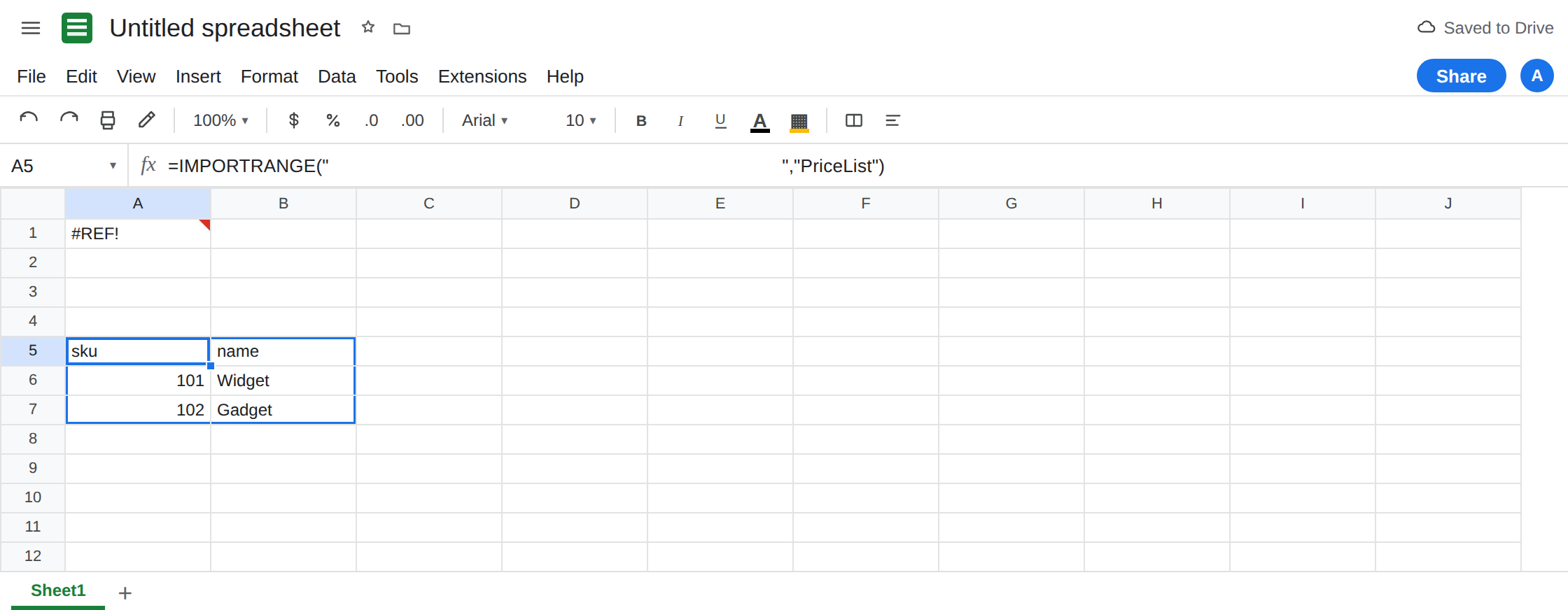 A5 selected. Formula bar shows IMPORTRANGE of PriceList. A5 spills sku, name, 101, Widget with no error triangle. A1 is still #REF! because it still says DockPrices.