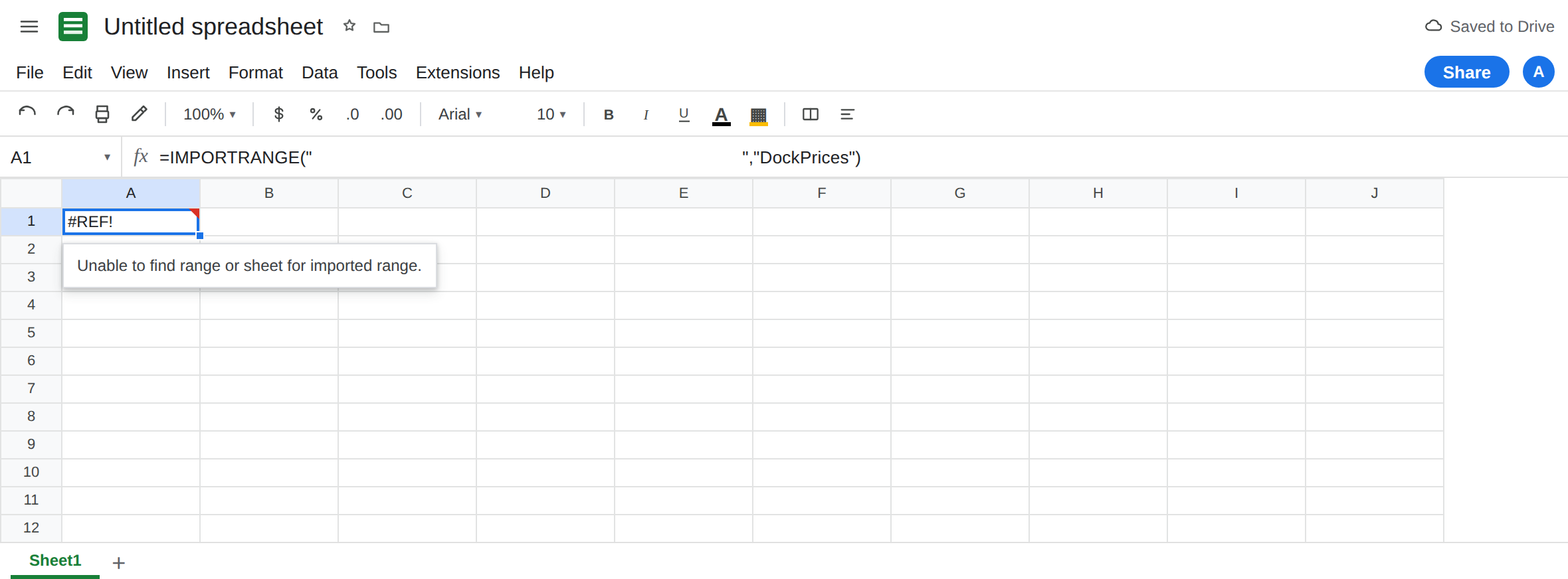 A1 selected. Formula bar shows =IMPORTRANGE with the spreadsheet id masked and DockPrices. A1 is #REF!. The source named range is now PriceList. The cells still hold sku and Widget.