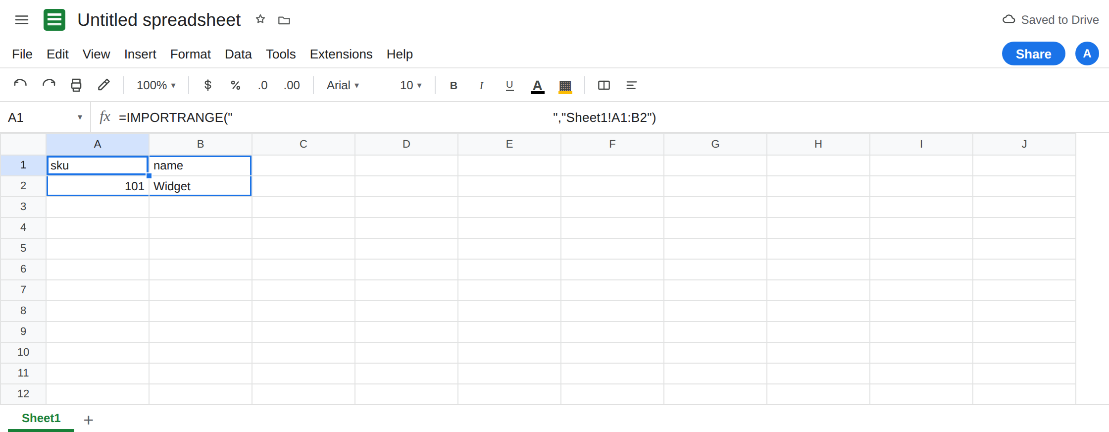 A1 selected after the account was re-added as Viewer and Allow access was clicked. Formula bar still shows IMPORTRANGE of Sheet1!A1:B2. A1 spills sku and 101 with no error triangle.