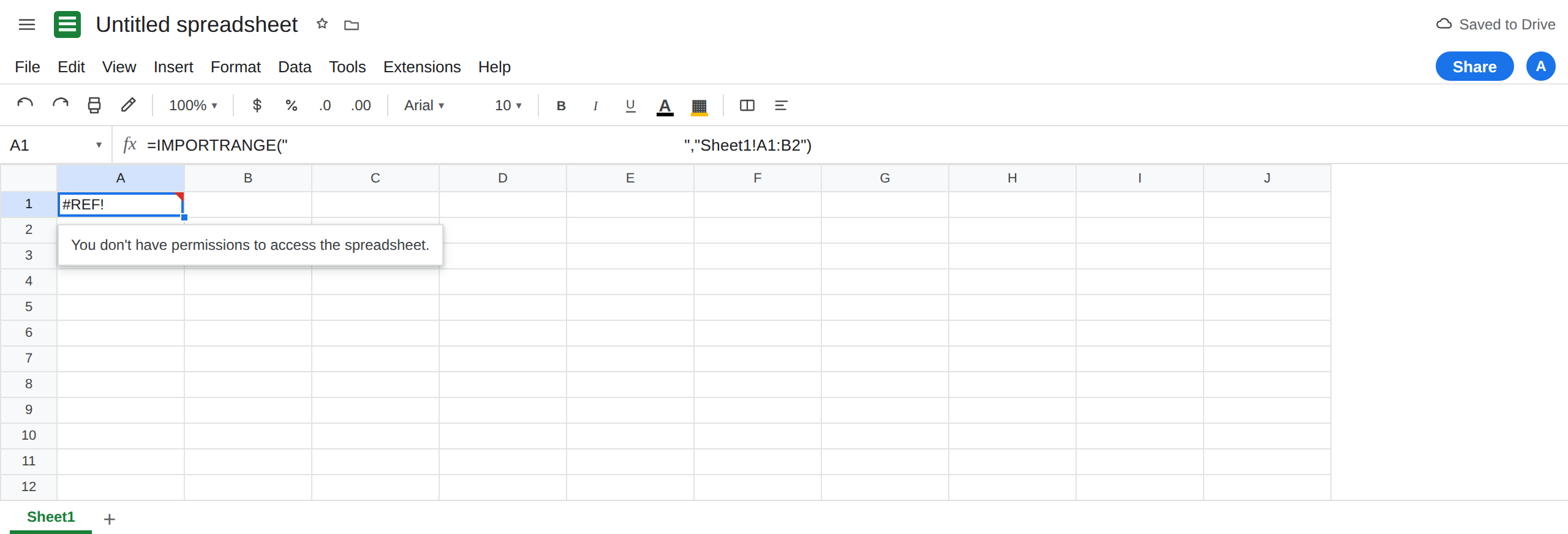 A1 selected. Formula bar shows =IMPORTRANGE with the spreadsheet id masked and Sheet1!A1:B2. A1 is #REF!. Tooltip: you do not have permissions to access the spreadsheet. There is no spill.