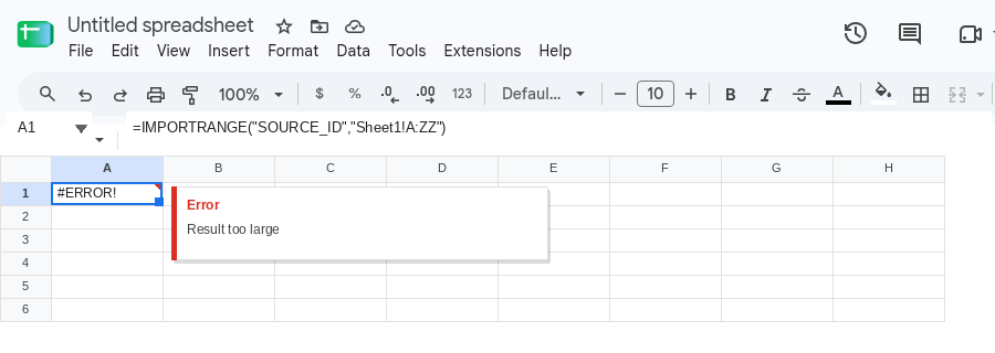 A1 selected. Formula bar shows =IMPORTRANGE("SOURCE_ID","Sheet1!A:ZZ"). A1 is #ERROR!. Tooltip: Result too large.