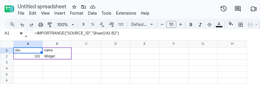 A1 selected. Formula bar shows =IMPORTRANGE("SOURCE_ID","Sheet1!A1:B2"). The formula spilled sku, name, 101, and Widget into A1:B2.