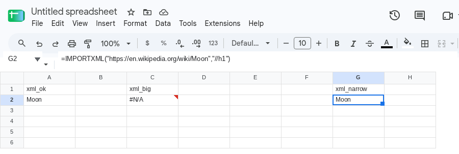 G2 selected. Formula bar shows =IMPORTXML("https://en.wikipedia.org/wiki/Moon","//h1"). G2 is Moon. C2 is still #N/A.