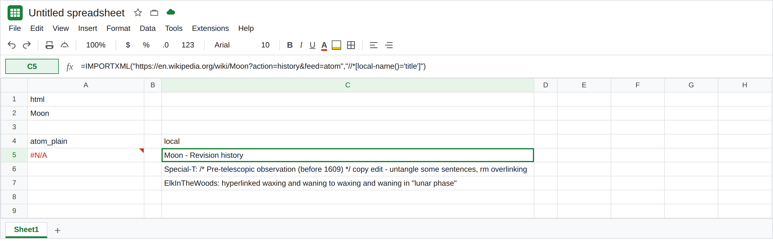 C5 selected. Formula bar shows IMPORTXML with XPath //*[local-name()='title']. C5 spills title text. A5 is still #N/A from //title.