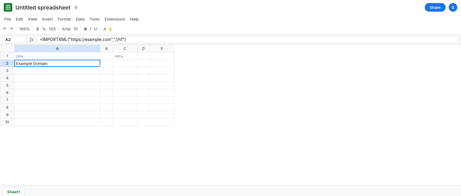 A2 selected. Formula bar shows one IMPORTXML of example.com and h1. A2 is Example Domain when the fetch worked. C2 is empty. There is no column of duplicate imports.