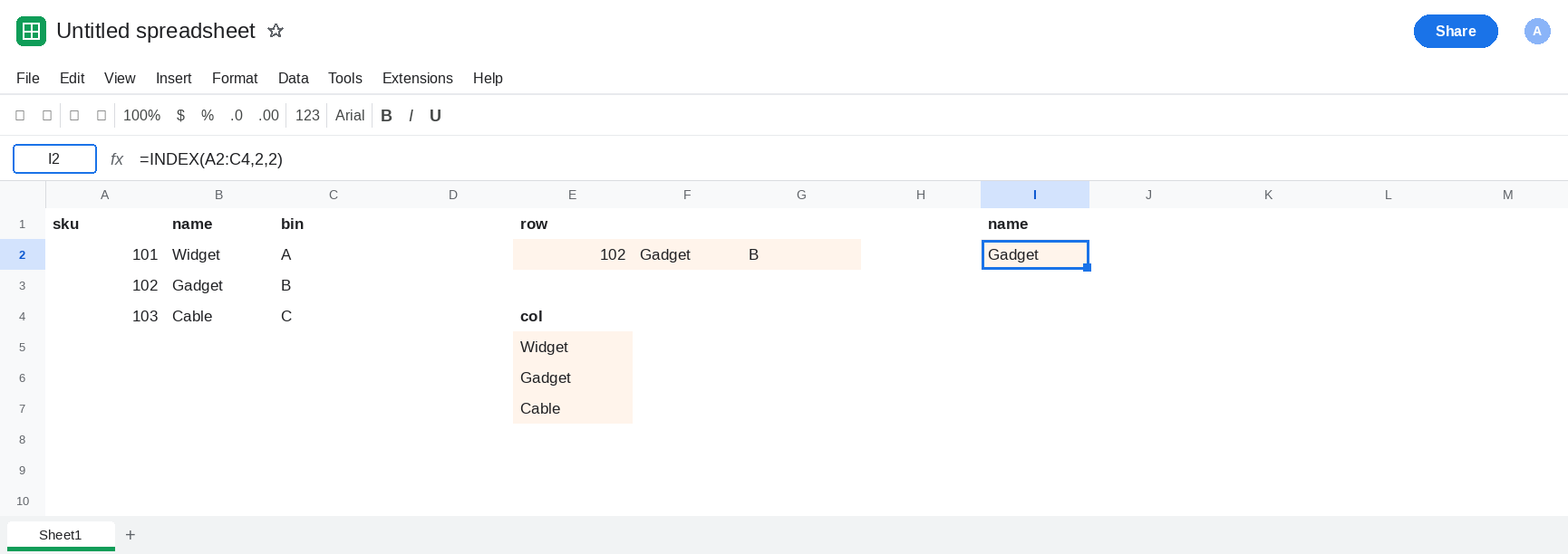 I2 selected. Formula bar shows =INDEX(A2:C4,2,2). I2 is Gadget. E2 still spills 102, Gadget, B. E5 spills Widget, Gadget, Cable.