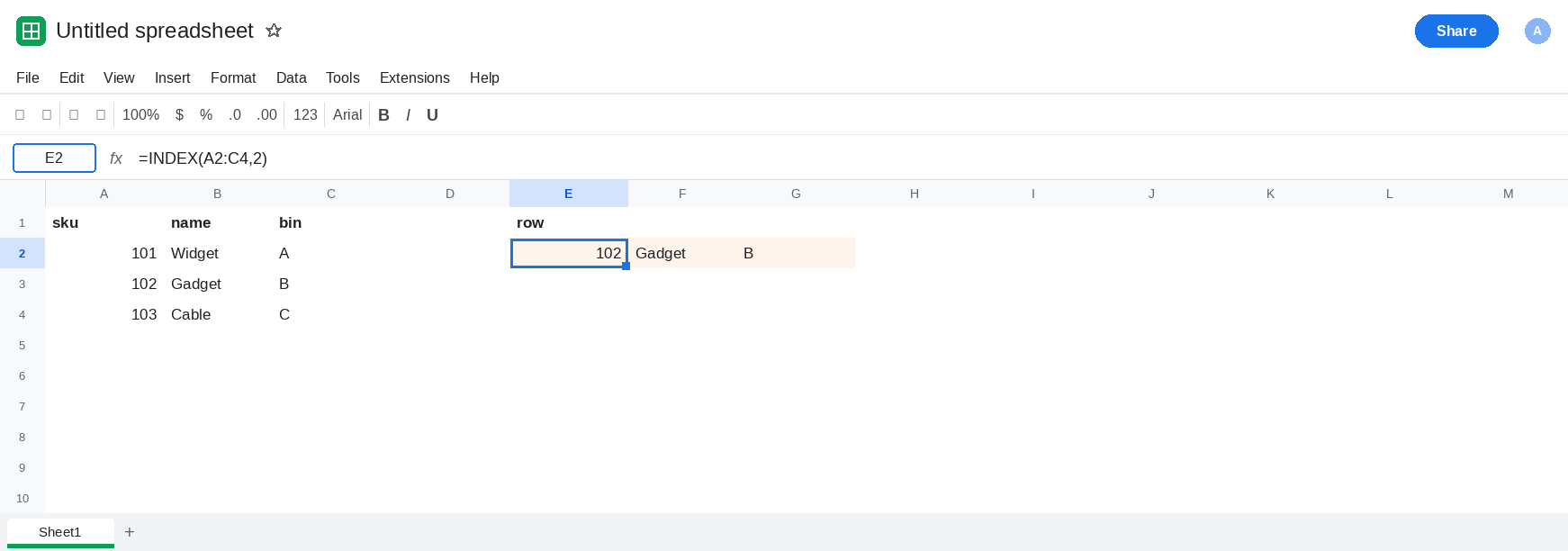 E2 selected. Formula bar shows =INDEX(A2:C4,2). E2:G2 is 102, Gadget, B. E3 is empty. A2:C4 is three skus. No error triangle.
