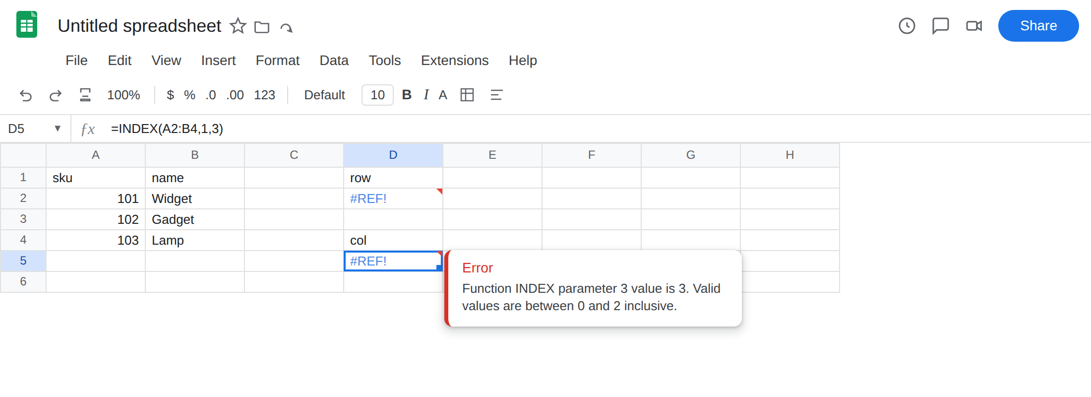 D5 selected. Formula bar shows =INDEX(A2:B4,1,3). D5 is #REF!. Tooltip: Function INDEX parameter 3 value is 3. Valid values are between 0 and 2 inclusive. D2 is still #REF!.