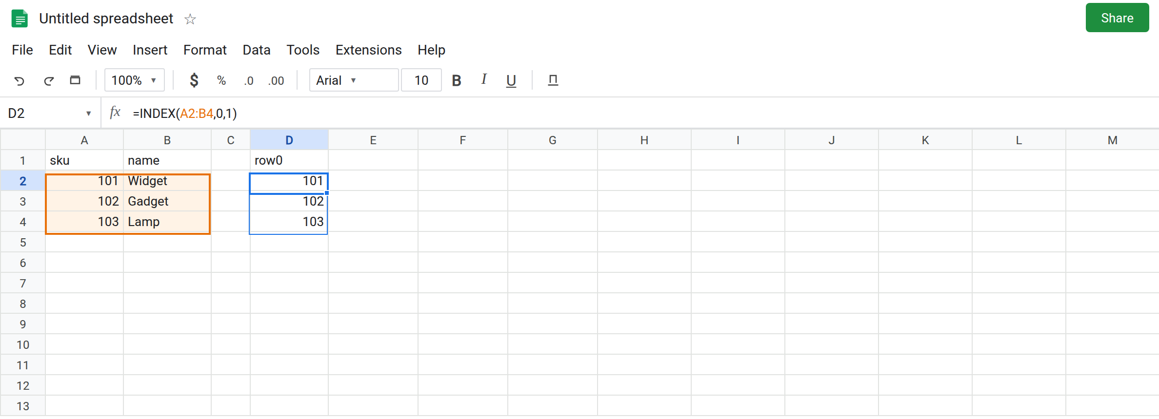 D2 selected. Formula bar shows =INDEX(A2:B4,0,1). D2:D4 is 101, 102, 103 with no error triangle. A2:A4 is 101, 102, 103. B2 is Widget.