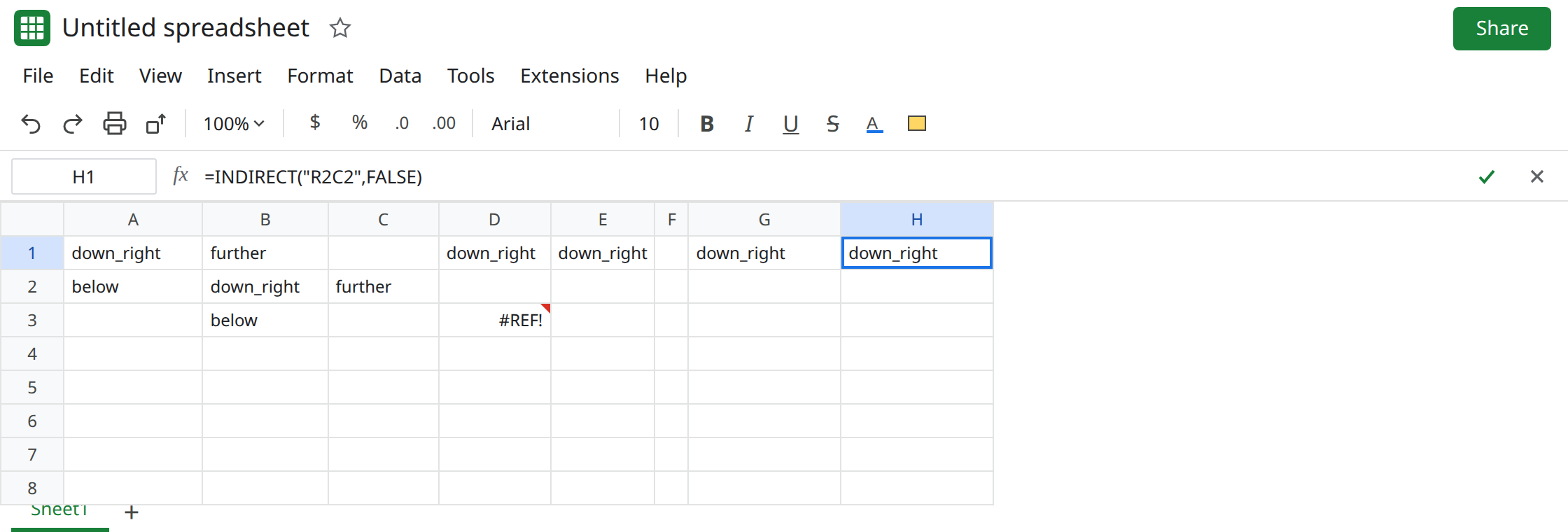 H1 selected. Formula bar shows =INDIRECT("R2C2",FALSE). H1 is down_right. G1 is the same. B1 still shows further from R[1]C[1]. D3 is #REF!.