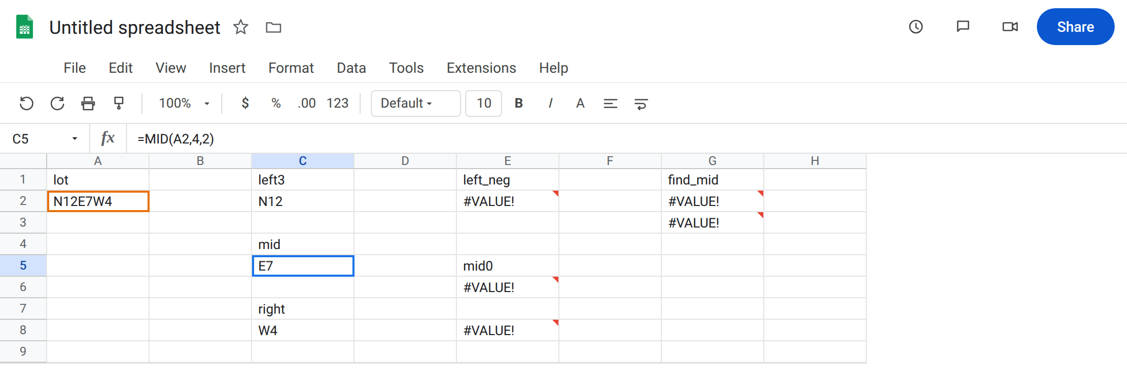 C5 selected. Formula bar shows =MID(A2,4,2). C5 is E7 with no error triangle. E6 is still #VALUE! from MID start 0. G3 is still #VALUE! from FIND of a missing hyphen.