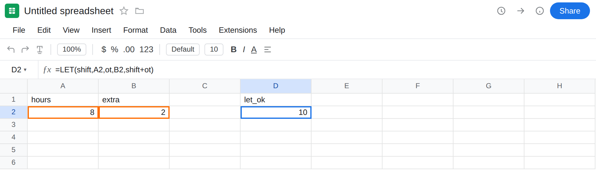 D2 selected. Formula bar shows =LET(shift,A2,ot,B2,shift+ot). D2 is 10 with no error triangle. A2 is 8. B2 is 2.