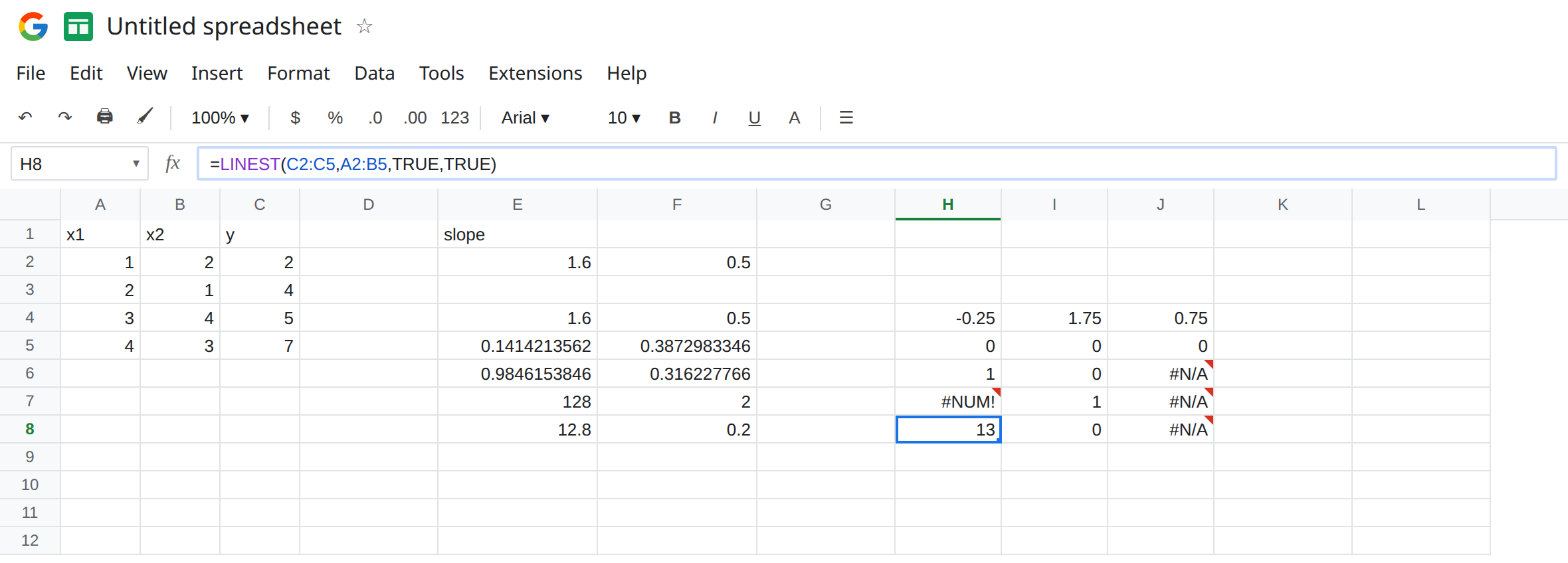 H8 selected inside a LINEST verbose spill. Formula in H4 is =LINEST(C2:C5,A2:B5,TRUE,TRUE). The third column of the lower stats rows is #N/A. E4 is 1.6 from a one-x LINEST. F4 is 0.5.