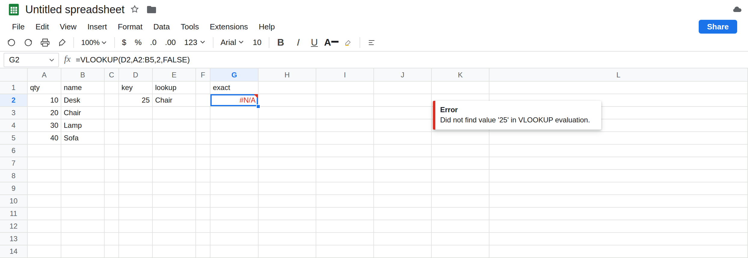 G2 selected. Formula bar shows =VLOOKUP(D2,A2:B5,2,FALSE). G2 is #N/A. E2 is still Chair from LOOKUP of 25. D2 is 25. A2:A5 is sorted 10, 20, 30, 40.