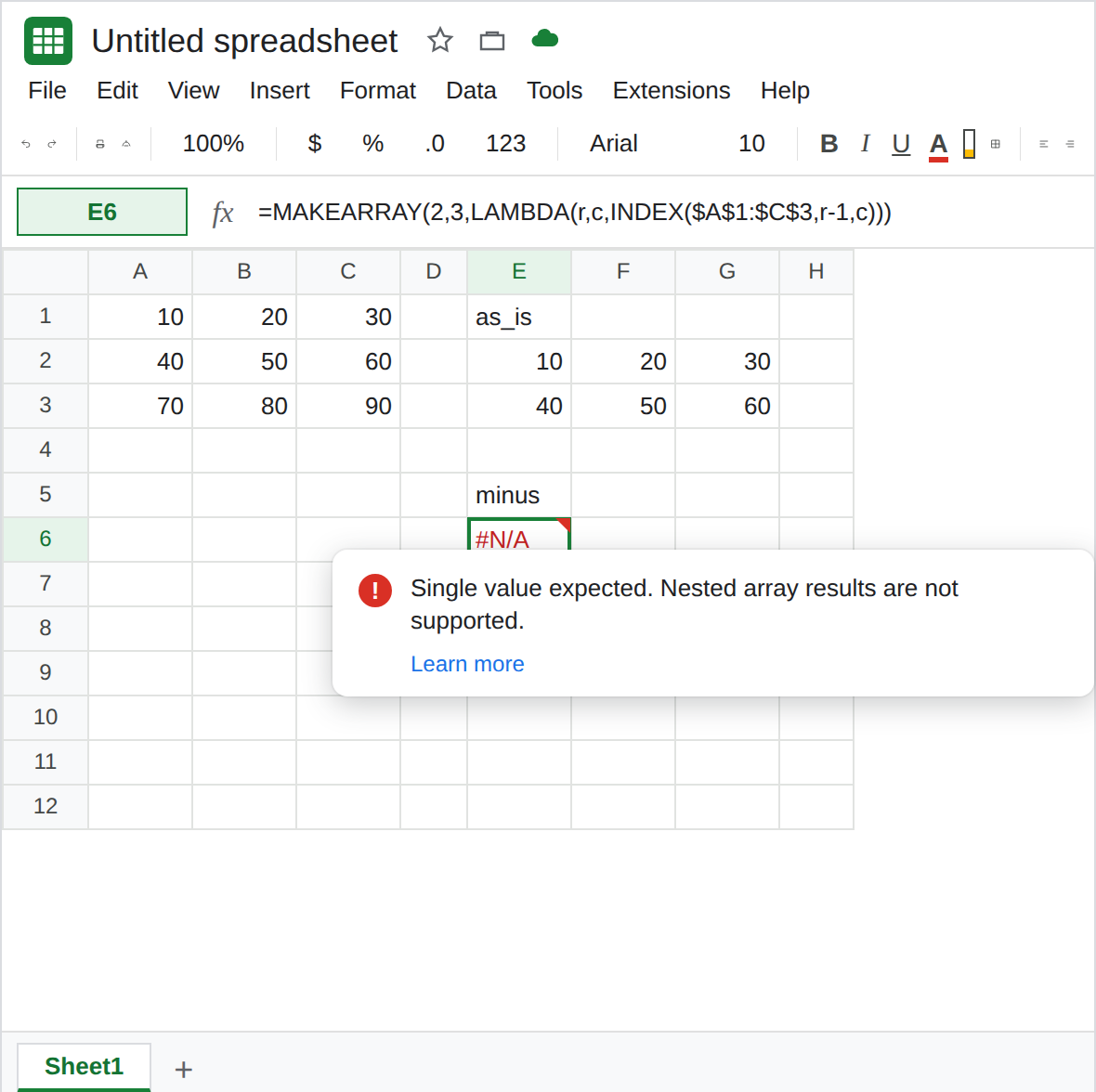 E6 selected. Formula bar shows =MAKEARRAY(2,3,LAMBDA(r,c,INDEX($A$1:$C$3,r-1,c))). E6 is #N/A. Tooltip: Single value expected. Nested array results are not supported. E2:G3 is 10 20 30 / 40 50 60.