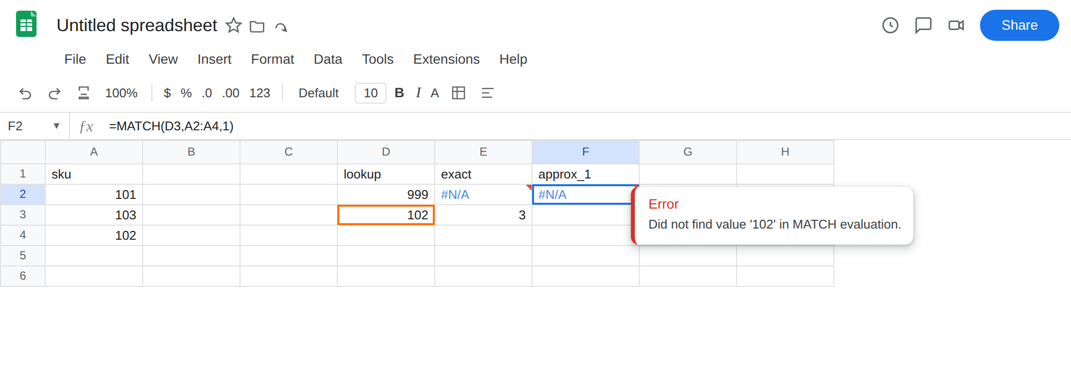 F2 selected. Formula bar shows =MATCH(D3,A2:A4,1). F2 is #N/A. Tooltip: Did not find value '102' in MATCH evaluation. E3 is 3. A2:A4 is unsorted 101, 103, 102.